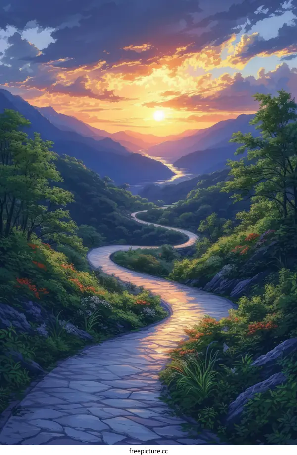 The stone path winds through the valley