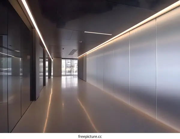 Modern Office Hallway with Reflective Walls and Light