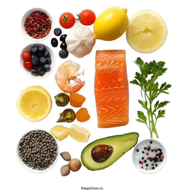[Transparent Background PNG]Fresh Salmon Ingredients with Lemon, Avocado, and Herbs
