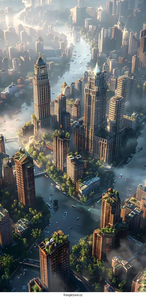 A futuristic city with skyscrapers and a river running through it