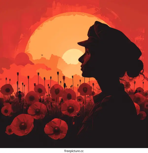 Remembrance Day Silhouette of A Soldier In A Field of Red Poppies at Sunset