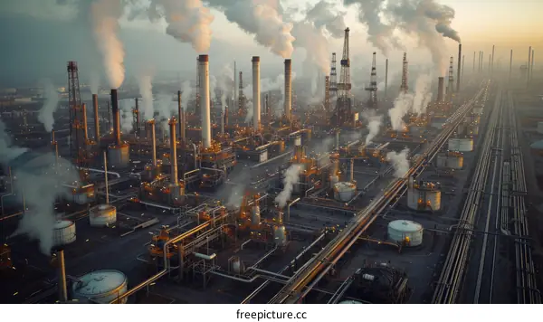 A sprawling industrial complex with smoke billowing from its smokestacks