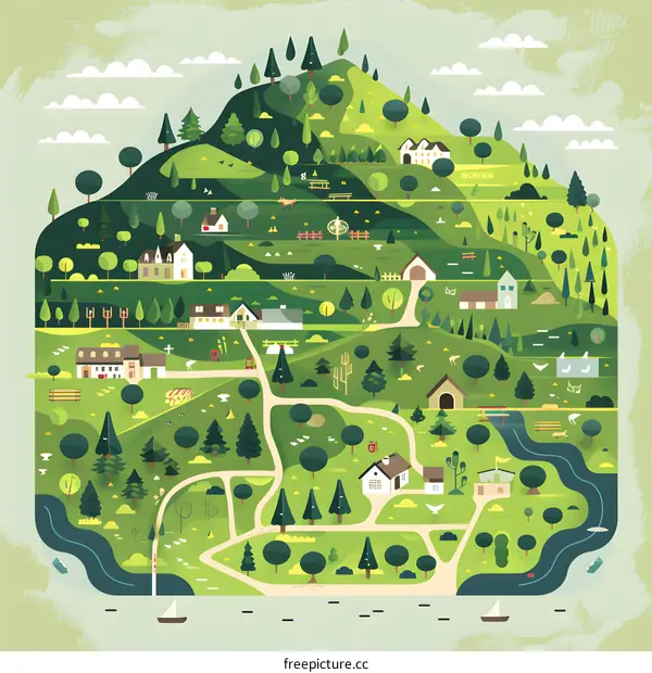 Green Village Illustration with Houses, Trees and a River