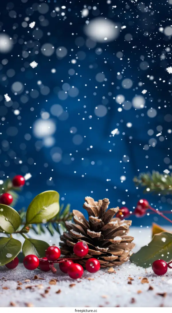 Snowy Pinecone with Red Berries and Holly Leaves