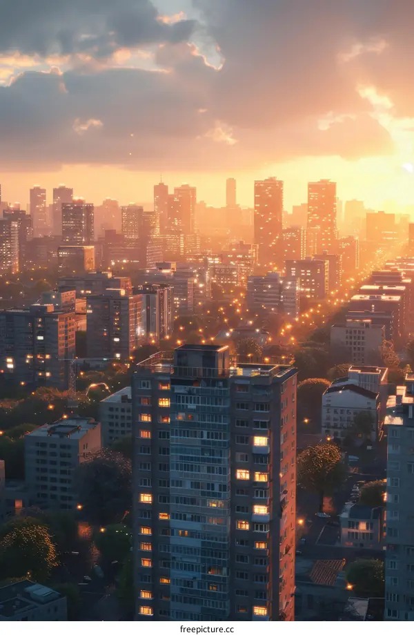 City Skyline at Sunset with Shadows