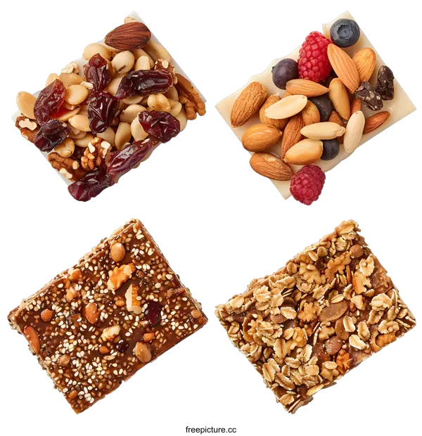 [Transparent Background PNG]Four Different Flavors of Granola Bars with Nuts and Dried Fruit