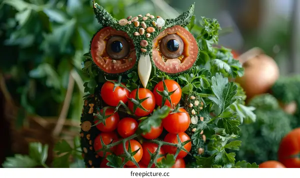 A whimsical owl made of fruits and vegetables