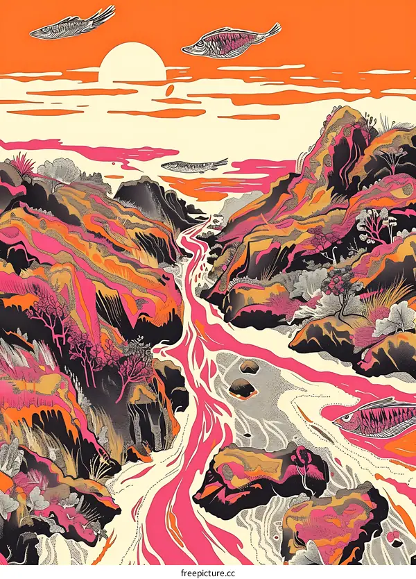 Abstract Landscape Illustration With Fish And Mountains