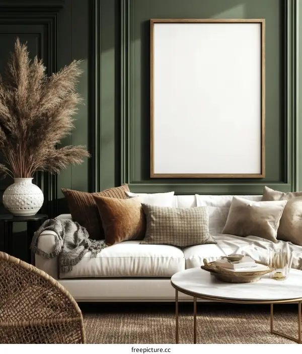 Modern Boho Living Room Mockup with Empty Frame