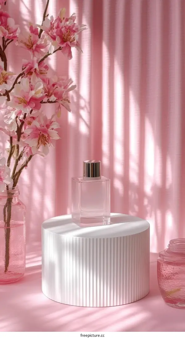 Pink Aesthetic Display of Perfume Bottle and Flowers