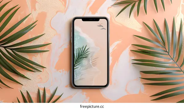 Palm Leaves and a Phone with Beach Wallpaper
