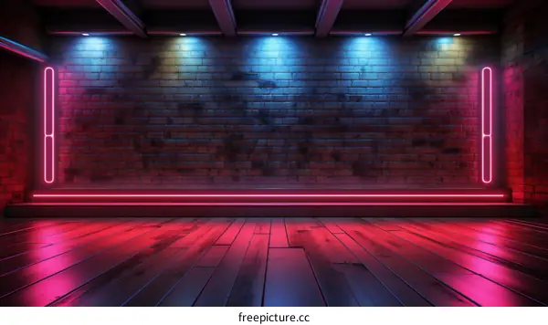 futuristic empty room with brick walls and glowing neon lights