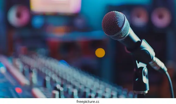 A microphone in a recording studio with a mixing console in the background