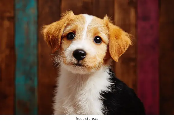Adorable Puppy Portrait Against Wooden Background