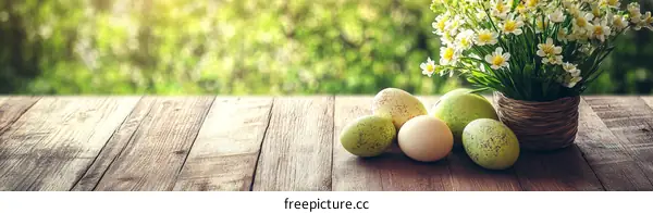 Easter Eggs on Wooden Table with Flowers