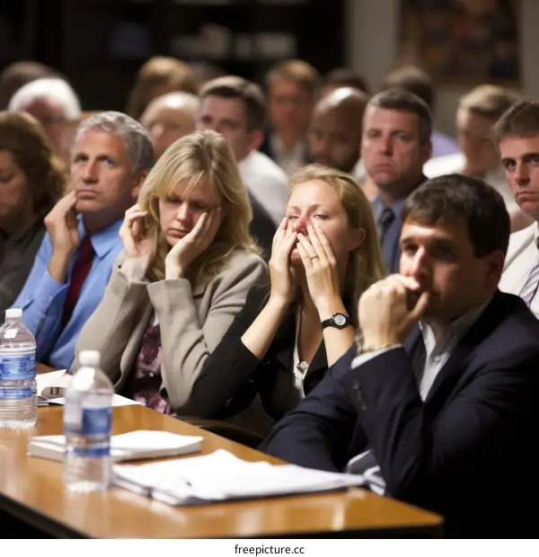 People listening to a presentation with their hands on their faces