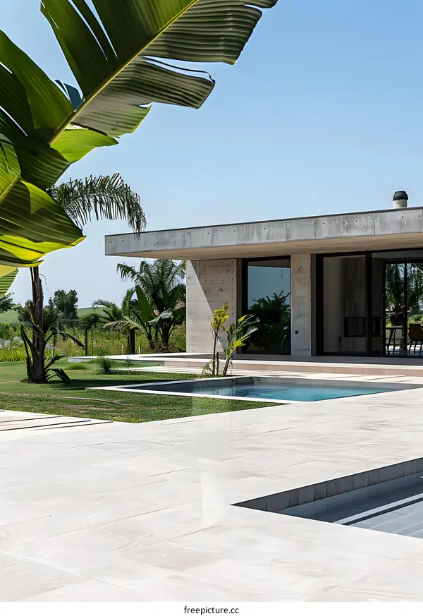 Modern Concrete House with Swimming Pool and Palm Trees