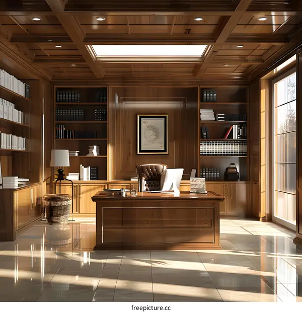 Luxury wooden office interior with bookshelves and large desk