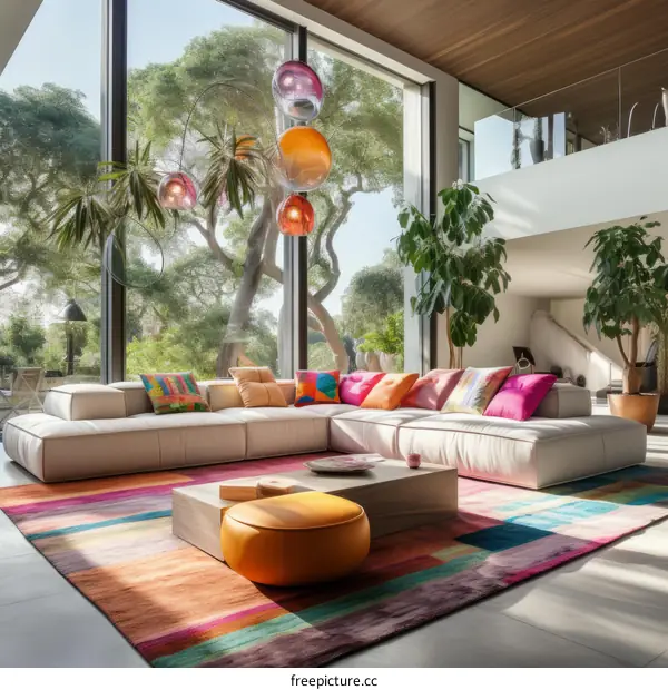Modern living room interior with large windows and colorful furniture
