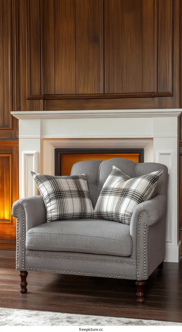 Cozy Gray Wingback Armchair with Checkered Pillows in a Classic Room