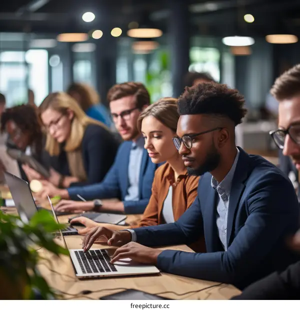 Focused Diverse Group of Professionals Working on Laptops in a Modern Office Environment