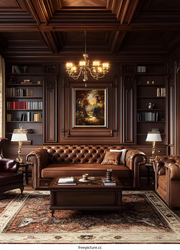 Luxury Living Room Interior Design With Wooden Panels And Chandelier