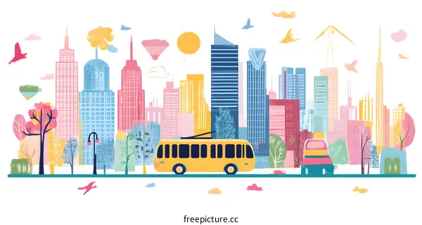 Colorful Cityscape Illustration with Yellow Bus
