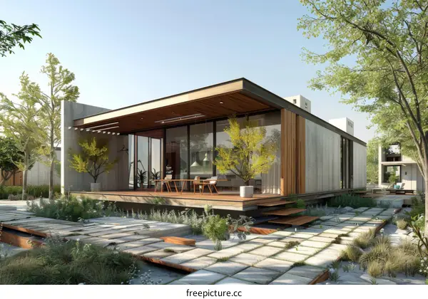 Modern house with big windows and a garden