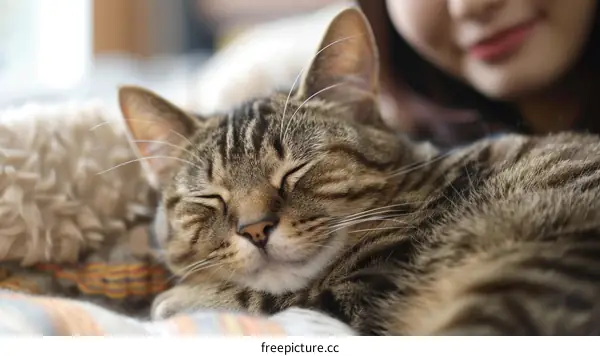 A tabby cat sleeping on a bed with a woman in the background