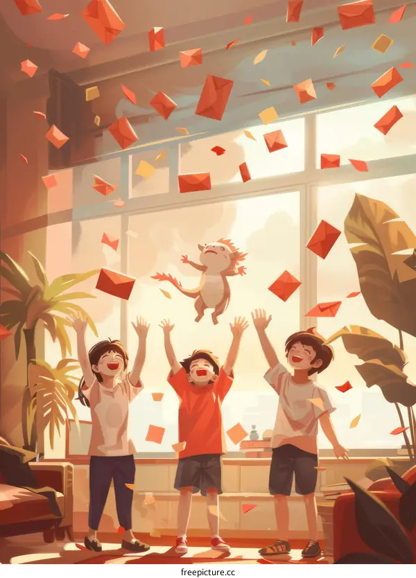 Three happy children in a room decorated with flying red envelopes