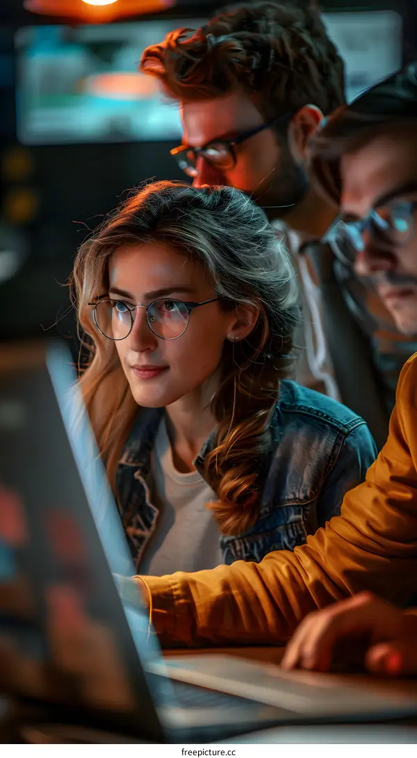 Focused young businesswoman working on laptop with colleagues in background