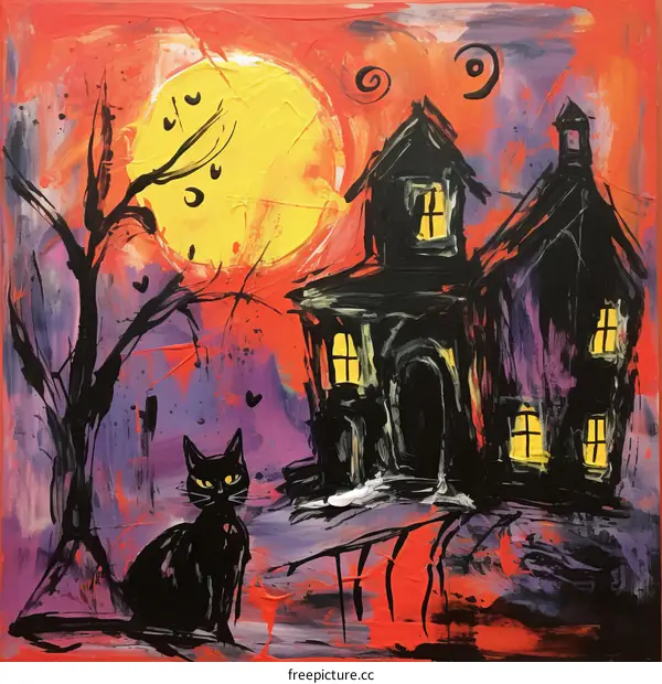 Black cat and haunted house with yellow full moon