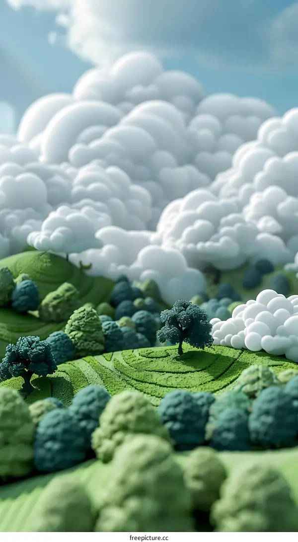 An illustration of green hills and white clouds