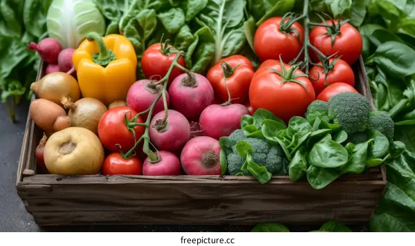 Fresh organic vegetables and fruits in wooden box