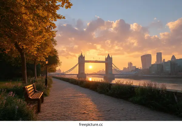 Sunrise over Tower Bridge in London Park