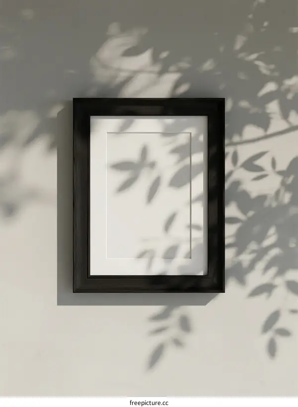 Black picture frame with white background and tree shadow overlay