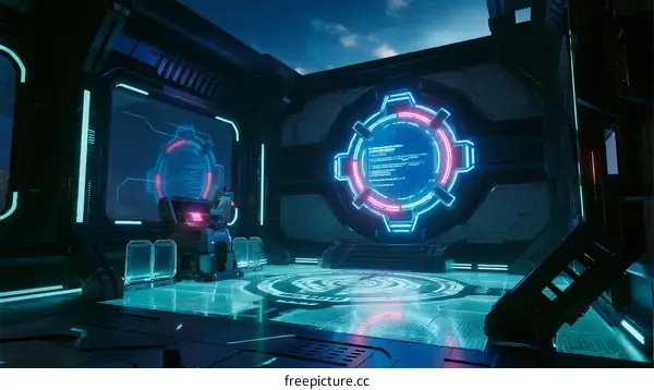 Futuristic Sci-Fi Space Station Interior with Holographic Interface