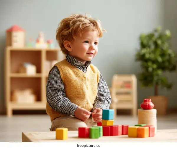 Toddler Playing with Colorful Building Blocks in Playroom