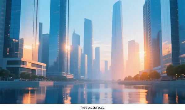 Modern Urban Skyline with Reflective Water Surface at Sunset