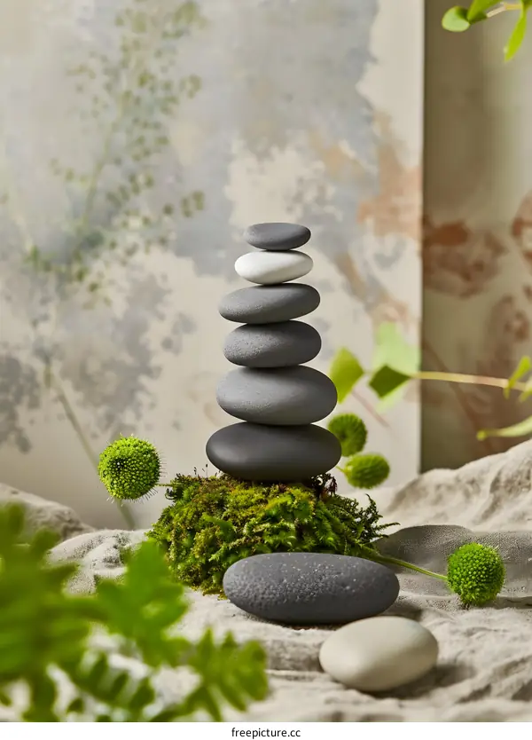 Zen Stone Stacking On Moss And Green Plants
