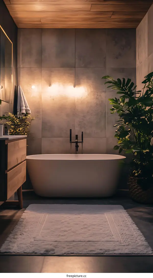 Modern Bathroom with Elegant Bathtub and Warm Lighting