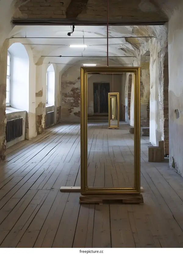 Golden Frames in a Rustic Hallway