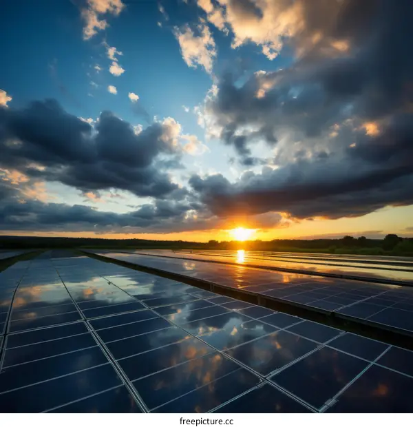 Large solar farm at sunset with dramatic sky