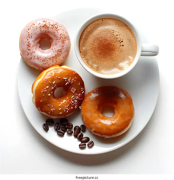 Three donuts and a cup of coffee on a white plate