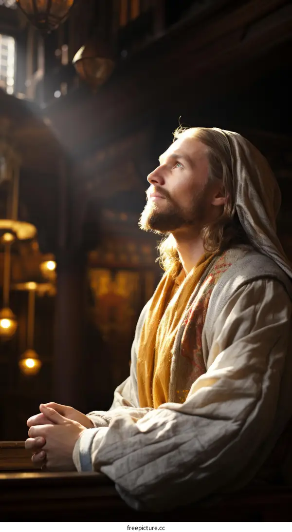Jesus Christ looking up in prayer with light from above