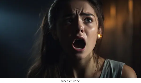 A young woman with long dark hair is screaming with her mouth wide open