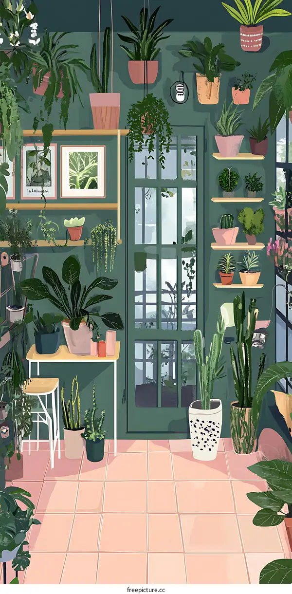 Green Plants and a Pink Tile Floor in a Room