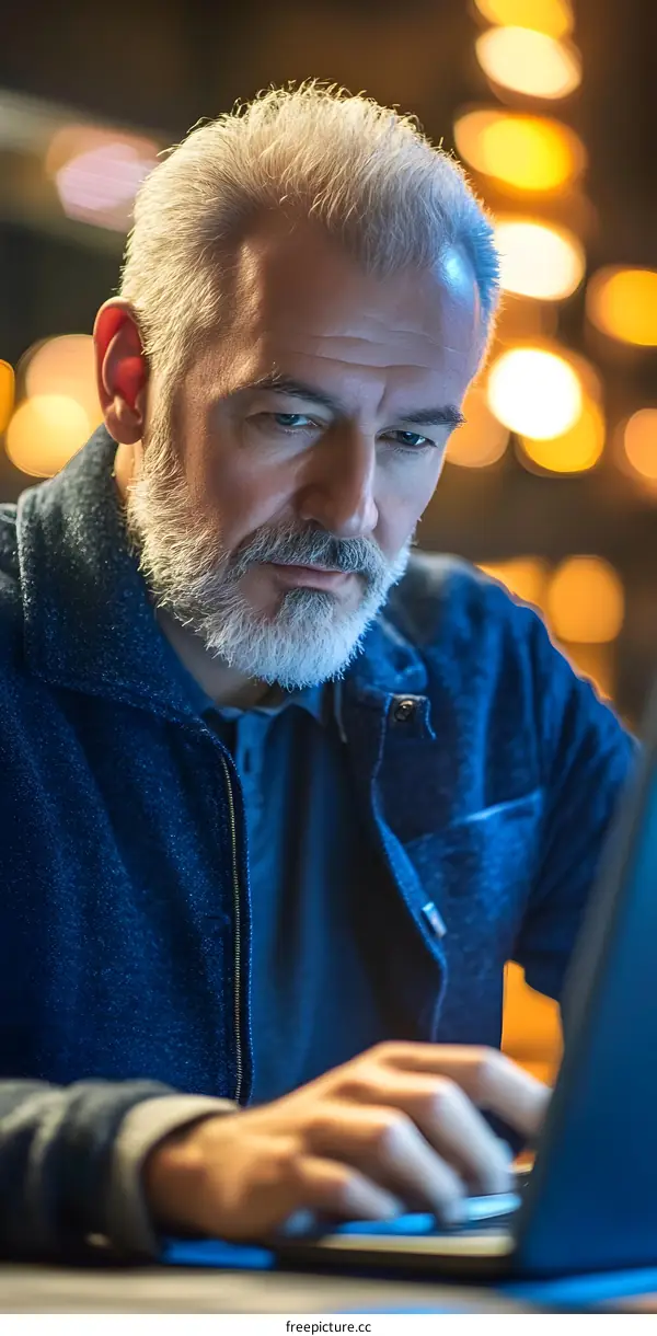 Caucasian Man Typing on Laptop with Bokeh Lights
