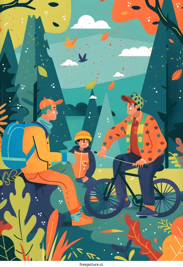 Family Bike Ride Illustration With Forest Background