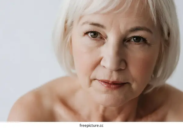 Close-up of an elderly woman with short white hair